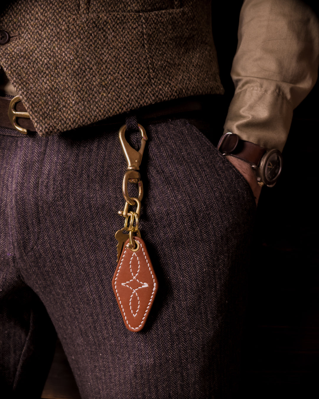 Solid brass key clip with leather key chain